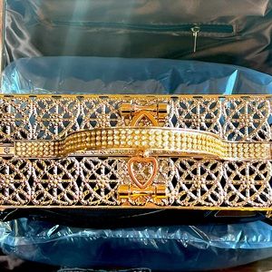 {New}Unique Boutique blk/gold purse with gems  3 openings strap & make up bag.